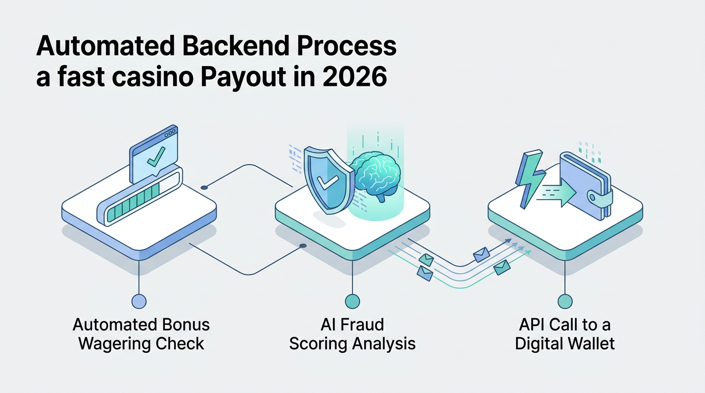 Infografika przedstawiająca zautomatyzowany proces zatwierdzania wypłaty w kasynie online: weryfikację bonusu, ocenę ryzyka i sygnał API.