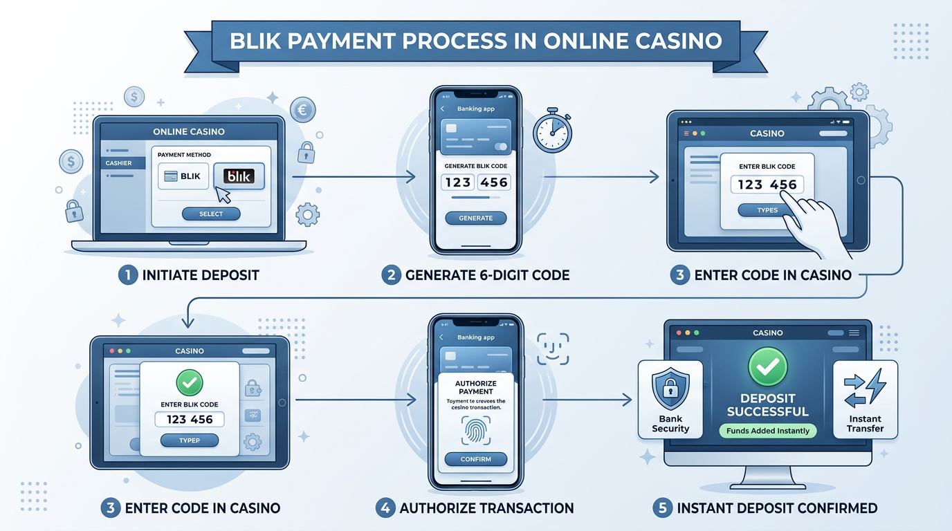 Infografika przedstawiająca proces płatności BLIK w kasynie online od wygenerowania kodu w aplikacji bankowej do zaksięgowania środków.