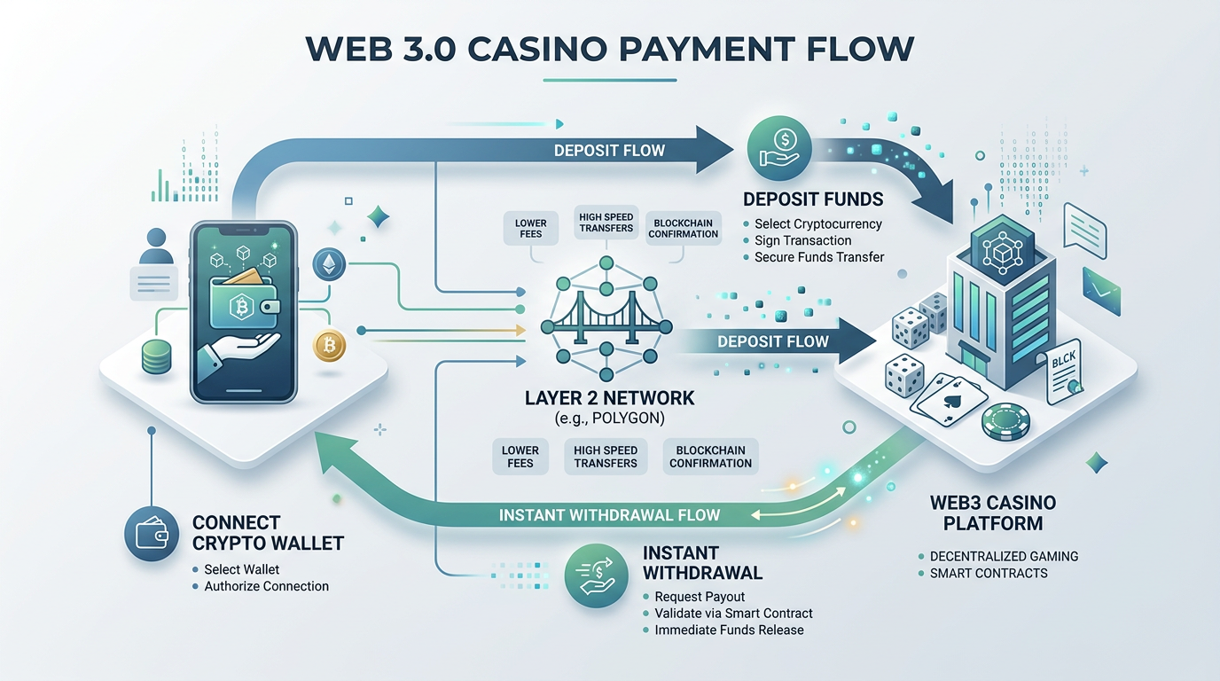 Infografika przedstawiająca nowoczesny proces płatności Web 3.0 w kasynie online