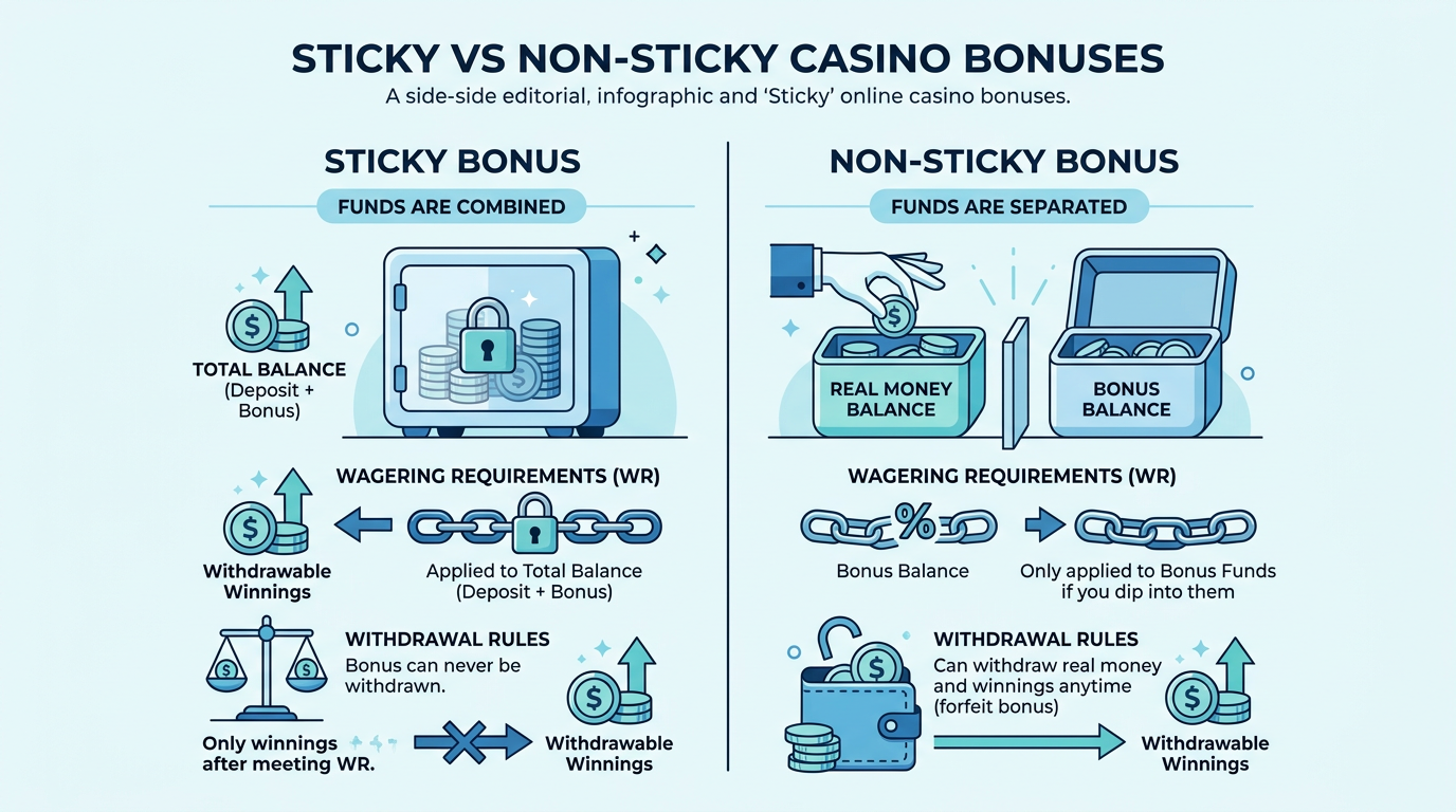 Infografika porównująca różnice między bonusem Sticky a Non-Sticky w kasynach online